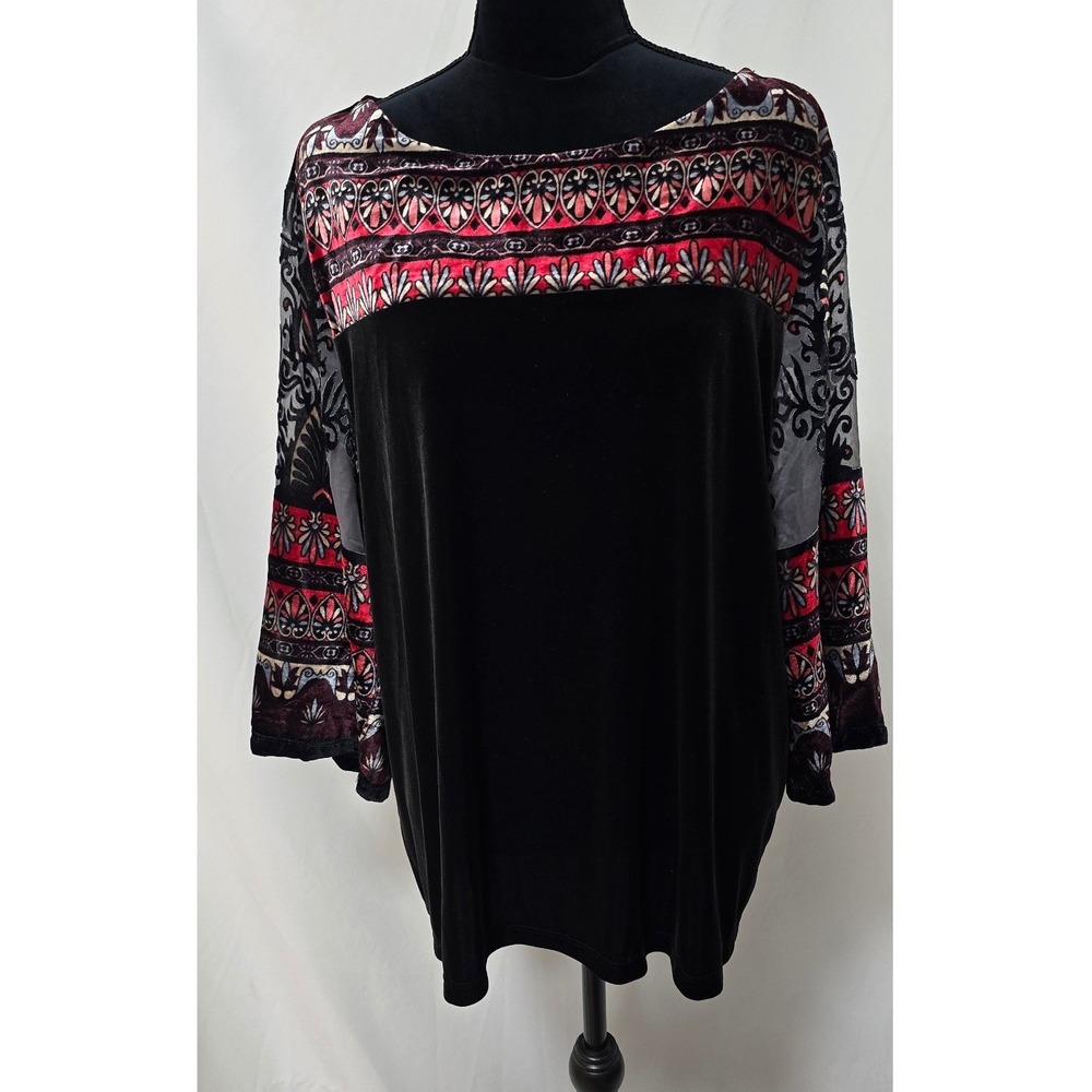 Chico's bordered velvet Tayna tunic women XL black Damask sheer sleeve Eclectic